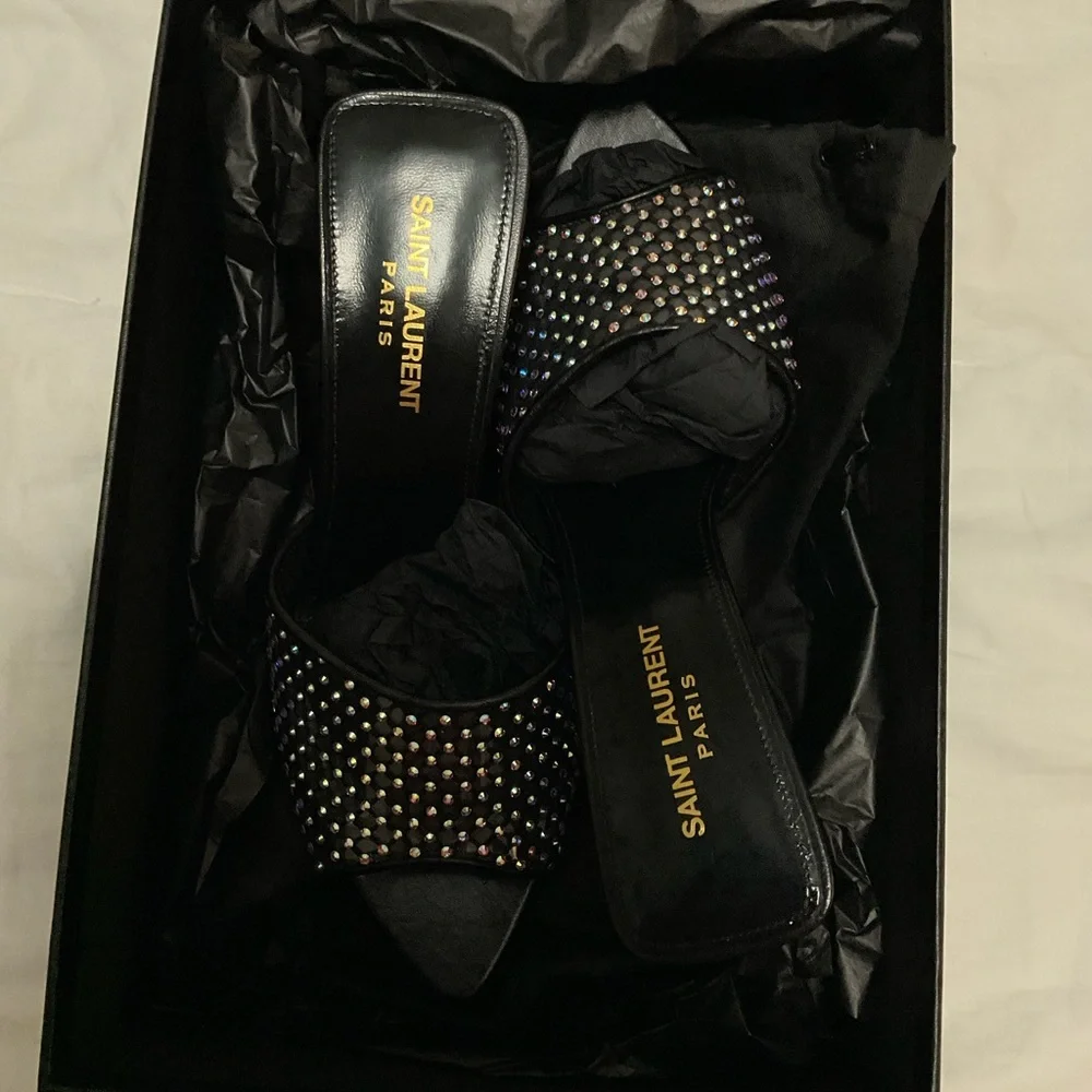 Saint Laurent Women's Liz Embellished High Heel Slide Sandals size 38 - Picture 5 of 16